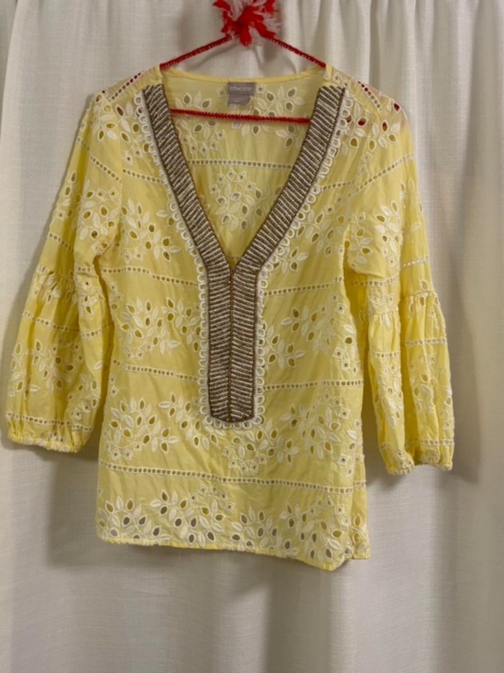 Chico's Yellow White Eyelet V-Neck Blouse Top with Beaded Neck Trim
